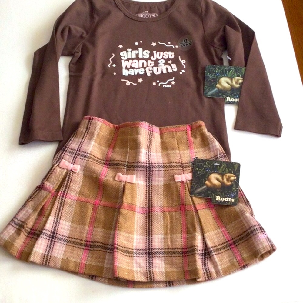 Roots Girls Brown Tee and Pink Plaid Skirt Set
